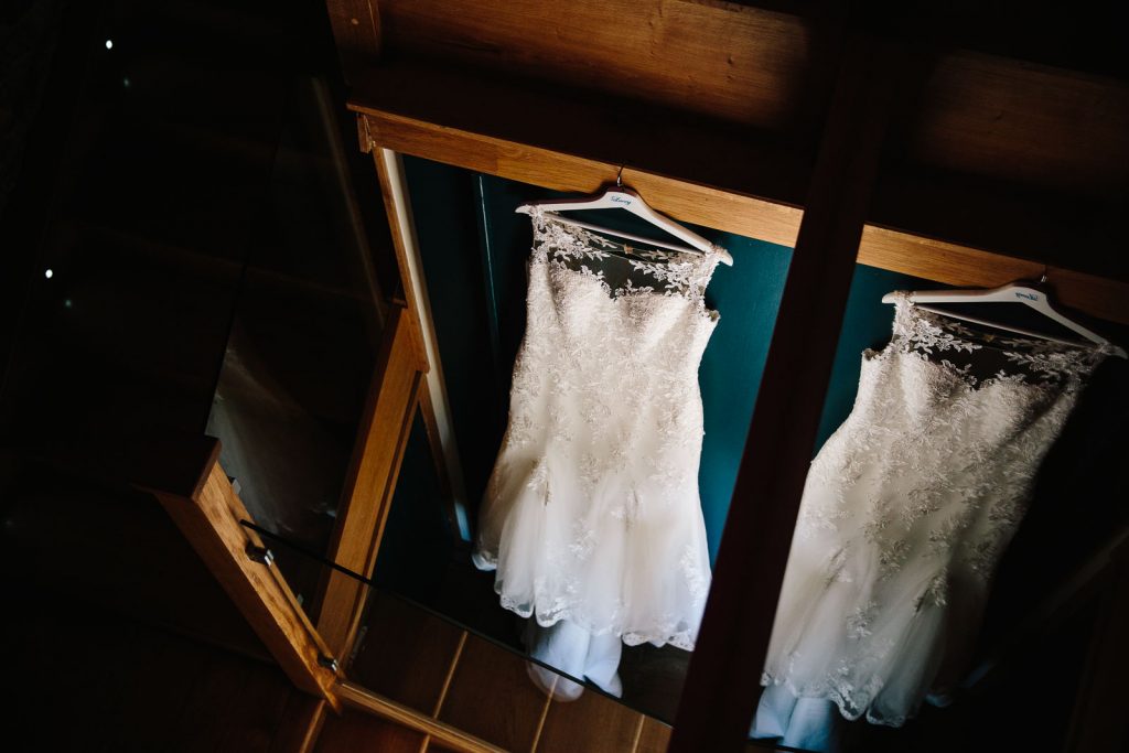 Wedding dress hanging at Dodford Manor